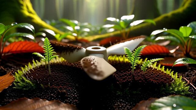 Biodegradable drone components disintegrating over time, showing a propeller decomposing on the forest floor as a concept for sustainable technology.