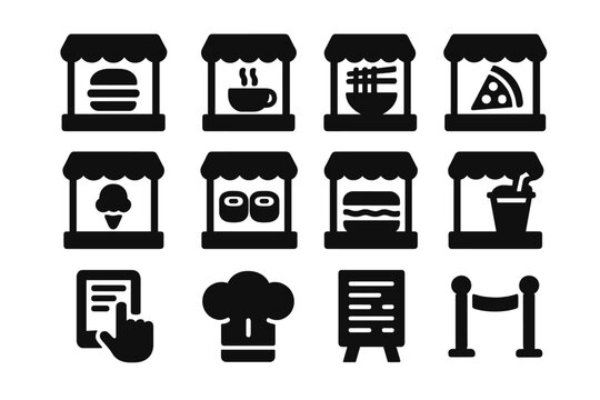Mall Restaurant Icons. Mall restaurants. Solid icon set of Mall restaurants: burger stand, coffee shop, noodle bar, pizza counter, dessert stall, sushi