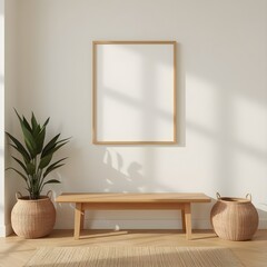 Minimalist interior scene featuring a wooden bench, woven baskets, and a tall dried plant in a basket, with a blank picture frame on a light beige wall and natural sunlight