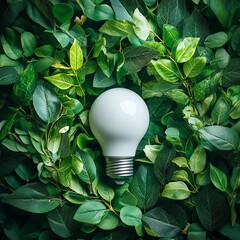 Eco Bulb Surrounded by Green Leaves, Sustainable, Energy saving  high resolution   for isolate image