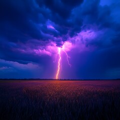 Lightning Storm Over a Field, Thunderstorm, Weather, Stormy Skies    high resolution   for isolate image