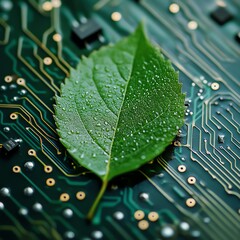 Green Leaf on Circuit Board, Technology, Nature ,technology, nature   high resolution   for isolate image