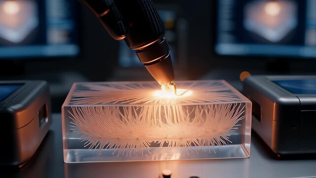 Biomedical sensor embedding in synthetic tissue by a robotic arm in a futuristic lab, showcasing advanced bioengineering, nanotechnology, and medical innovation.