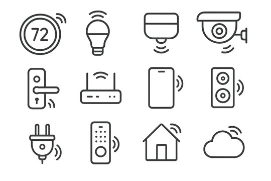 Home Automation Icons. Home automation. Line icon set of home automation: thermostat, smart light, smart speaker, door lock, motion sensor, remote control,