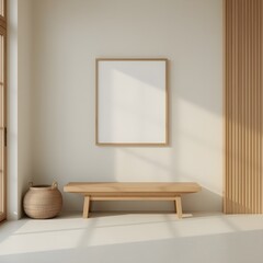 Minimalist interior scene featuring a wooden bench, woven baskets, and a tall dried plant in a basket, with a blank picture frame on a light beige wall and natural sunlight