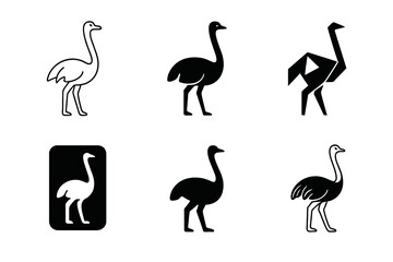 Fototapeta premium Ostrich Logo Variations. Ostriches. Icon set. Set Logo of ostriches: stylized ostrich silhouette with desert sun. harmonious logo variations of the same