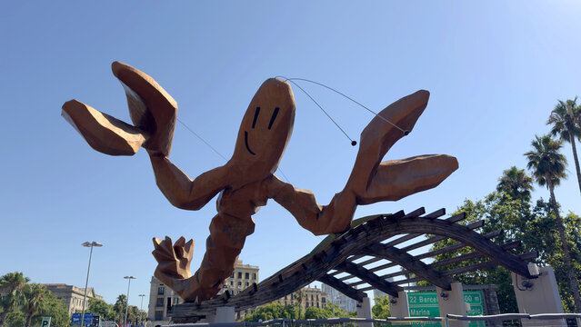 Iconic &ldquo;La Gamba&rdquo; Sculpture by Javier Mariscal in Barcelona Port Vell, Spain
