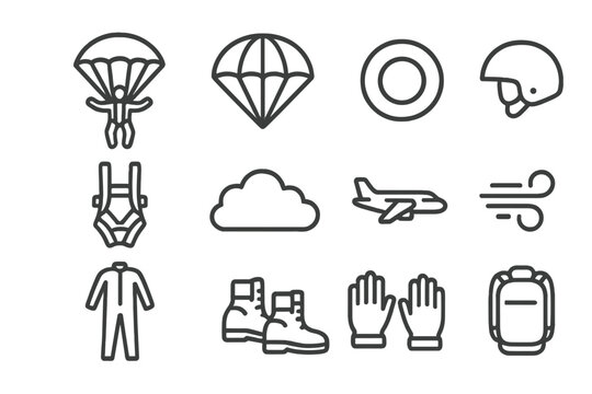 Parachute Landing Icons. Landing sequence. Line icon set of landing sequence: parachutist, parachute, landing zone, helmet, harness, cloud, airplane, wind