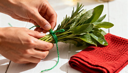 Hands tying a bunch of fresh sage and rosemary with green twine. Preparing aromatic herbs for cooking on a white wooden kitchen table