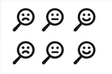 Feedback Analysis Icons. Feedback tone perception. Icon set. Set Logo of Magnifying Glass: Analyzing feedback. Negative space, Minimal outline, Symmetrical