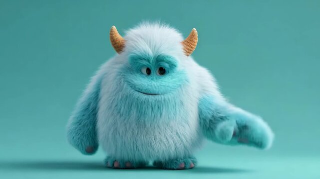 A funny fluffy monster waves, blinks, and smiles, showcasing character animation and expressive facial changes for entertainment