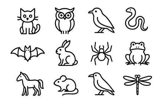Superstitious Animal Icons. Superstitious animals. Line icon set of superstitious animals: black cat, owl, crow, snake, bat, rabbit, spider, frog, horse,