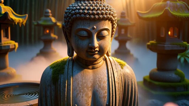 A serene Buddha statue meditating in a tranquil Japanese zen garden, embodying spiritual peace amidst misty bamboo and glowing stone lanterns at sunrise. - Powered by Adobe
