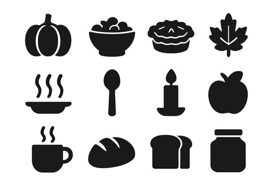 Autumn Icons. Autumn Chestnuts. Solid icons set of Autumn Chestnuts: fallen leaf, chestnut burr, open nut, pumpkin, acorn, scarf, mug, candle, branch, boots,
