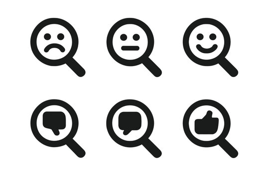 Feedback Analysis Icons. Feedback tone perception. Icon set. Set Logo of Magnifying Glass: Analyzing feedback. Negative space, Minimal outline, Symmetrical