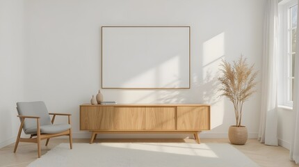 Modern minimalist living room with a blank horizontal picture frame mockup on a white wall, wooden tv cabinet, rattan chair, green plant, and natural sunlight