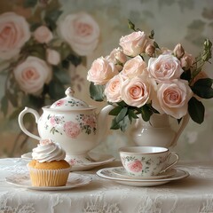 Elegant Floral Tea Party Still Life with Teacup, Teapot, Cupcakes and Roses, Tea Party , Roses    high resolution   for isolate image