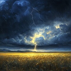 Digital Painting Stormy Landscape with Lightning, Rain and Wheat Field, digital art, landscape, weather storm, lightning    high resolution   for isolate image