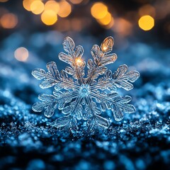 Icy Snowflake Close-Up with Bokeh Lights, Winter , Snow   high resolution   for isolate image