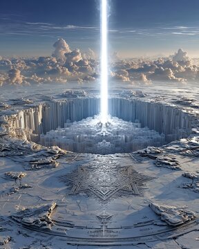 Fractal ice temple illuminated by a blinding vertical pillar of holiness in the eternal frozen wasteland