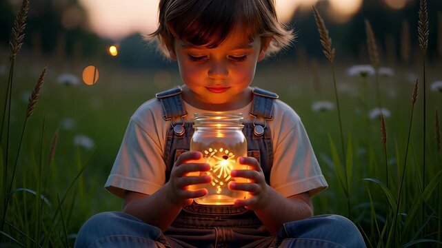 A young boy experiencing childhood wonder, sitting in a summer field at dusk holding a magical glowing jar of fireflies.