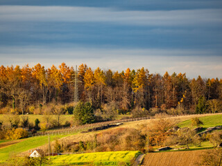 Fototapeta premium Hochspannungsmasten in herbstlicher Landschaft