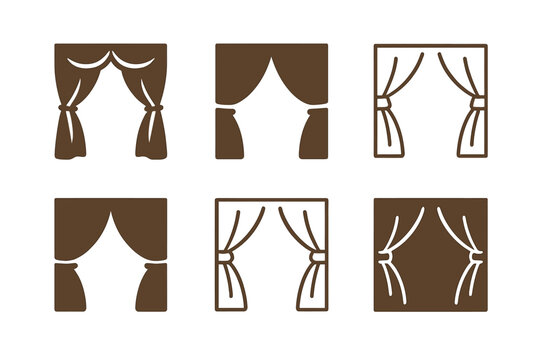 Theater Curtain Logos. Curtains drawn in theater. Icon set. Set Logo of Curtains drawn in theater: Stage props behind curtain. harmonious logo variations of