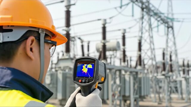industrial engineer performing thermal inspection at a high-voltage electrical substation  footage