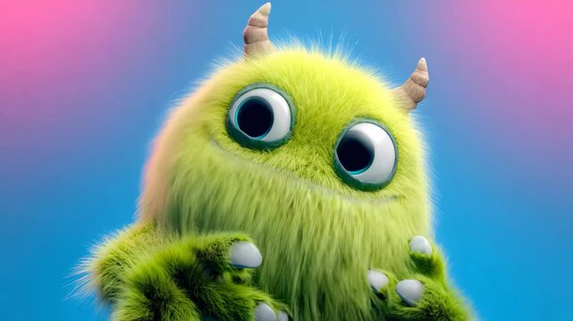 Fluffy green monster happy expression sequence on colorful background for playful animation