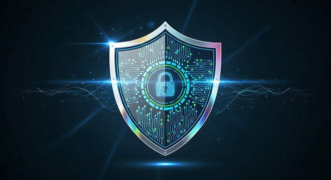 Digital shield with a glowing padlock icon representing cybersecurity and data protection on a dark background.