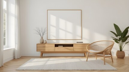 Modern minimalist living room with a blank horizontal picture frame mockup on a white wall, wooden tv cabinet, rattan chair, green plant, and natural sunlight