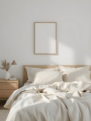 Cozy minimalist bedroom with a comfortable bed, light linen bedding, a blank vertical picture frame mockup on a white wall, and a wooden bedside table with a lamp