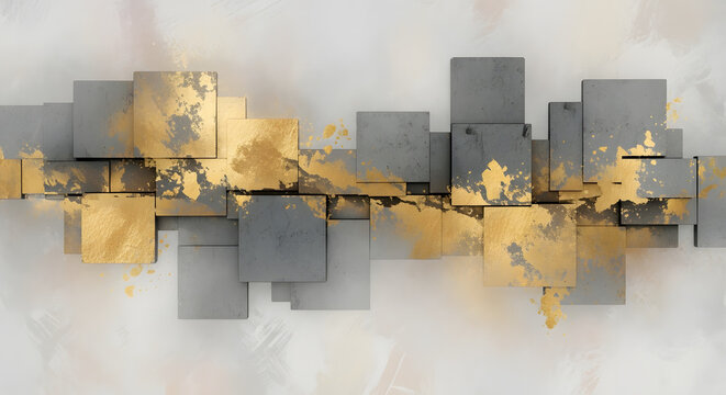Dynamic abstract background featuring grey geometric squares and shimmering gold glitter splashes, creating a modern, textured art piece - Powered by Adobe
