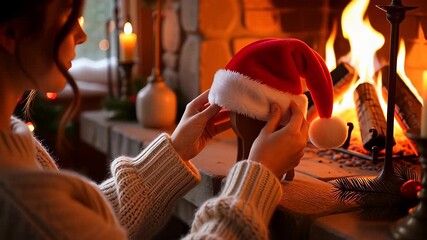 A festive woman puts a red Christmas hat on a reindeer decoration by a warm, cozy fireplace during the holiday season.