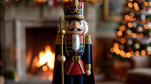 A traditional Christmas nutcracker figurine stands in a festive holiday home with a cozy fireplace and glowing Christmas tree in the background.