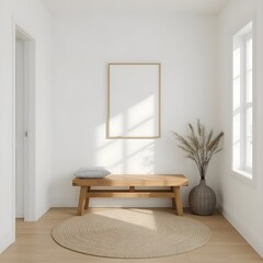 Minimalist entryway interior with a wooden bench, round jute rug, and an empty vertical frame on a white wall, illuminated by natural light, featuring a dried plant in a textured vase