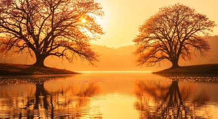 Stunning golden hour landscape with two silhouetted trees perfectly reflected in a calm lake at sunrise or sunset, serene nature scene