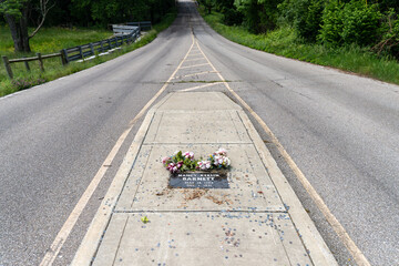 Franklin, Indiana: Nancy Kerlin Barnett grave, a burial site located in the middle of a road. Unusual final resting place of Nancy Kerlin Barnett and several family members. 