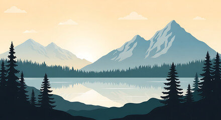 Mountain lake landscape with calm water and snowy peaks