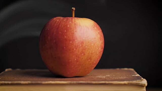 Red Apple on Books with Black Chalkboard Background in School Ambience Still Life