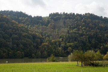 Beautiful autumn landscape in the mountains. View of the lake.