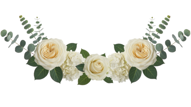 Elegant floral arrangement featuring roses, hydrangea, and eucalyptus for wedding or event invitations