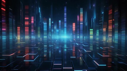 Digital music equalizer with seamless animated bars pulsing to rhythm creating vibrant sound visualization, audio energy flow, and dynamic modern abstract digital music design - Powered by Adobe