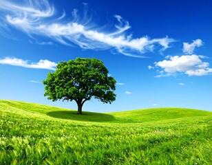 Beautiful landscape featuring a solitary tree on a lush green hill under a blue sky