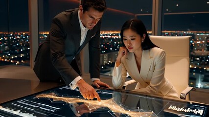 A diverse business team, an East Asian woman and a White man, in a corporate meeting analyzing complex data on a futuristic interactive touchscreen table in a modern office at night. - Powered by Adobe