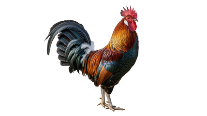 Fototapeta premium Vibrant rooster struts with confidence showing off beautiful plumage and colorful feathers in farm setting