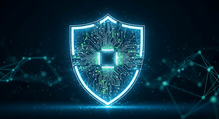 A glowing blue digital shield with a circuit board and processor chip, symbolizing cybersecurity and data protection in a futuristic network.