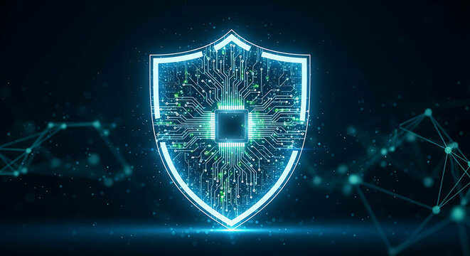 A glowing blue digital shield with a circuit board and processor chip, symbolizing cybersecurity and data protection in a futuristic network.