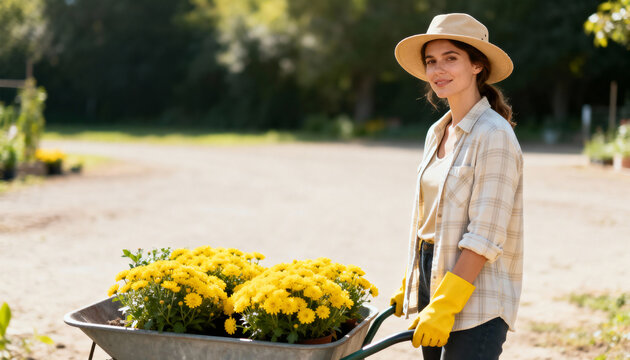 Portrait of a happy female gardener with a wheelbarrow full of yellow chrysanthemums. Young woman working at an outdoor plant nursery on a sunny day