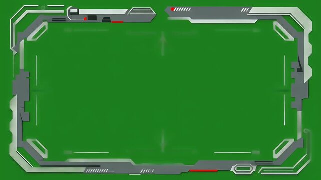 Futuristic sci-fi heads-up display frame with a digital user interface on a green screen for streaming and video overlay
